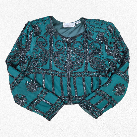 80s Vintage Green Black Silk Beaded Sequin Cropped Designer Jacket Size Large - Picture 1 of 9